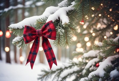 A red plaid bow hangs on a snowy pine branch