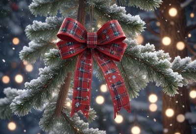 A red plaid bow hangs from a snowy pine branch