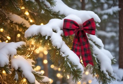A red plaid bow adorns a snow-covered pine branch