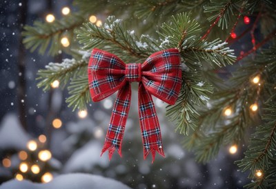 A red plaid bow hangs on a snow-covered pine branch