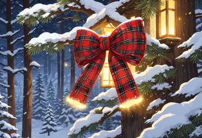 Red plaid bow on a snowy tree branch