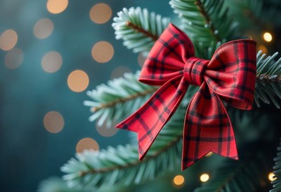 A red plaid bow on a christmas tree