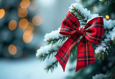 A red plaid bow adorns a snowy evergreen branch