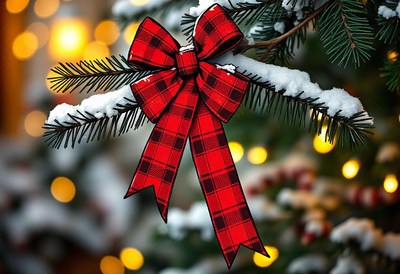 A red and black plaid bow hangs on a snowy pine branch