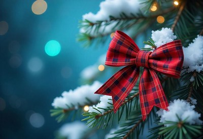A red plaid bow sits on a snowy evergreen branch