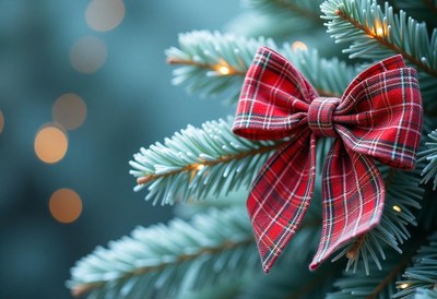 A red plaid bow adorns a christmas tree branch