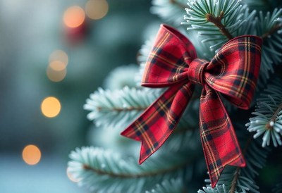 A red and black plaid bow is tied around a pine branch