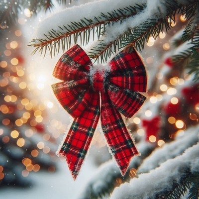 A red plaid bow hangs from a snowy pine branch