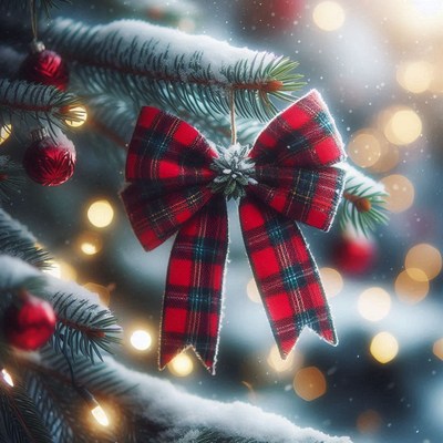 A red plaid bow hangs on a snowy christmas tree branch