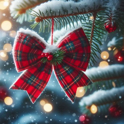 A red plaid bow hangs on a snowy christmas tree