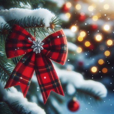 A red plaid bow hangs on a snowy pine branch