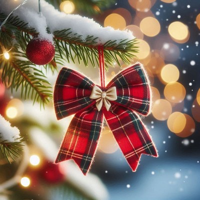 Red plaid bow on a snowy christmas tree branch