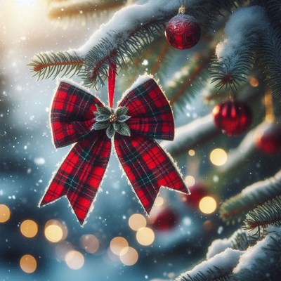 A red plaid bow hangs from a snowy tree branch
