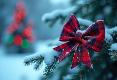 A red plaid bow adorns a snowy pine branch