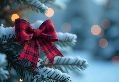 A red plaid bow adorns a snowy pine branch
