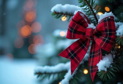 A red plaid bow adorns a snowy pine branch