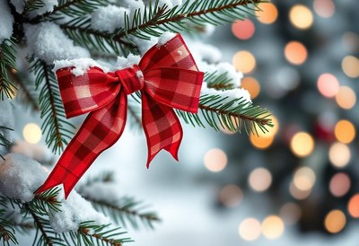 A red plaid bow adorns a snow-covered pine branch