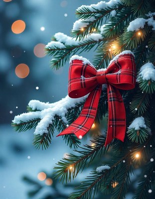 A red plaid bow adorns a snow-covered pine branch