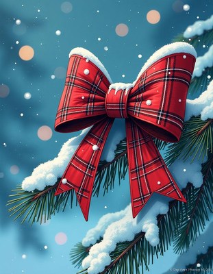 A red plaid bow hangs on a snow-covered pine branch