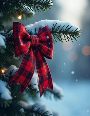 A red plaid bow adorns a snowy evergreen branch