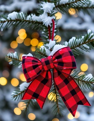 A red and black plaid bow hangs on a snowy pine branch