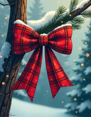 A red plaid bow hangs from a snowy tree branch