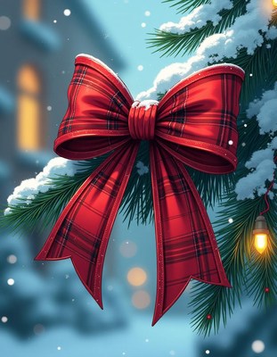 A red plaid bow hangs on a snowy pine branch