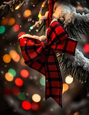 A red plaid bow hangs from a snow-covered tree branch