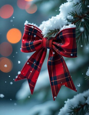 A red plaid bow hangs on a snow-covered pine branch
