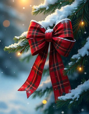 A red plaid bow hangs on a snow-covered pine branch