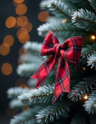 A red plaid bow hangs on a snowy pine branch