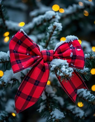 A red plaid bow decorates a snowy evergreen tree