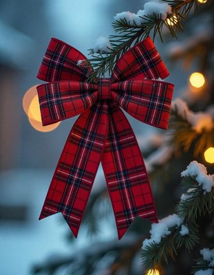 A red plaid bow hangs on a snow-covered tree branch