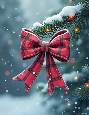 A red plaid bow hangs from a snow-covered pine branch
