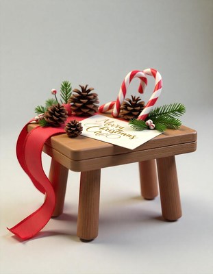 A miniature wooden stool sits on a white surface