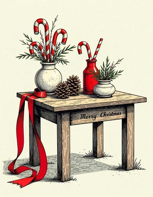 A wooden table with a red ribbon draped over one side