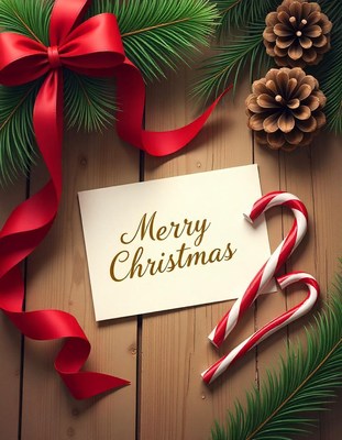 A festive christmas card with candy canes and pine branches