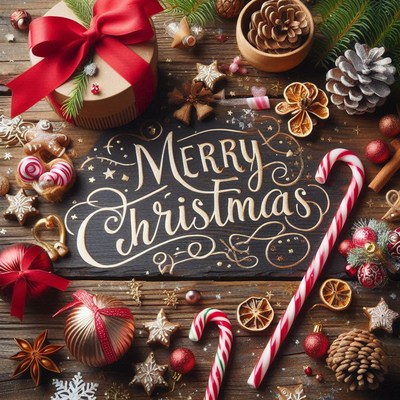 Merry christmas decorations on a rustic wooden table