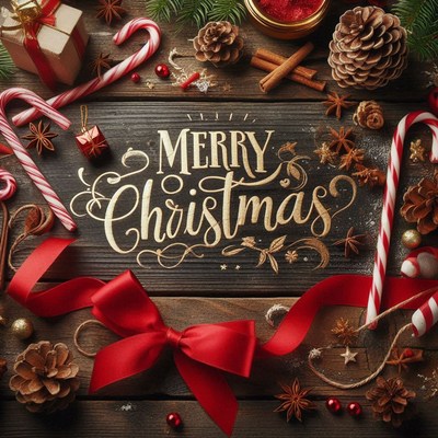 Wooden merry christmas sign with decorations