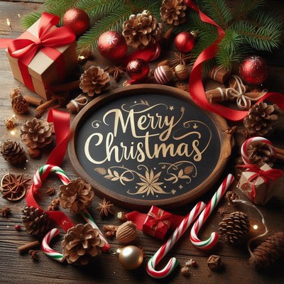 A wooden sign with merry christmas written in gold lettering