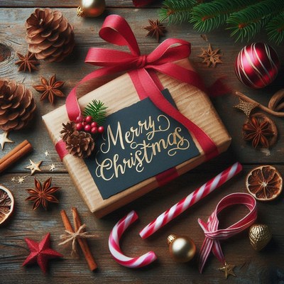 Brown paper gift with red ribbon and card