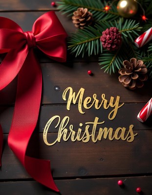 Red bow and pine sprigs on wood with gold merry xmas