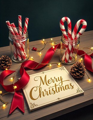 A festive christmas sign with candy canes and lights