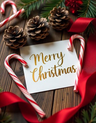 A festive christmas card with candy canes and pine cones