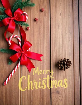 A red bow and candy cane on a wooden background