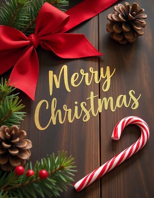 A festive wooden sign with a red bow and pine branches