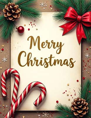 A festive christmas card with candy canes and pine branches