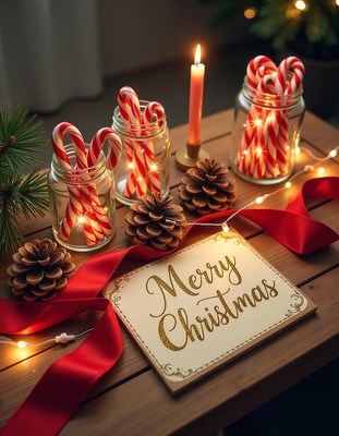 Festive table with candy canes and christmas sign