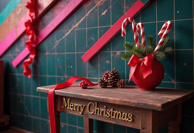 Red vase with candy canes on a wooden table