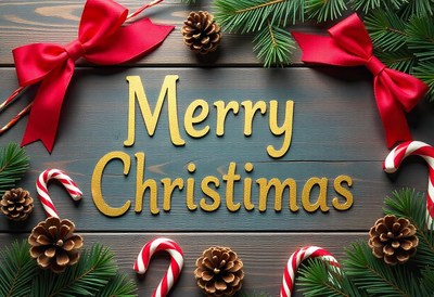 Merry christmas decorations on a wooden surface